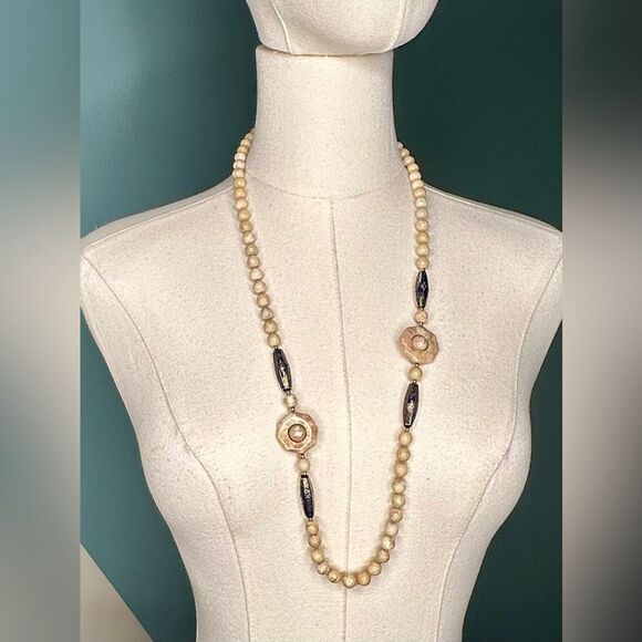 Vintage Jewelry - Vintage Beaded Necklace with Carved Stone Accents & Cloisonné Enamel Beads 28.5”